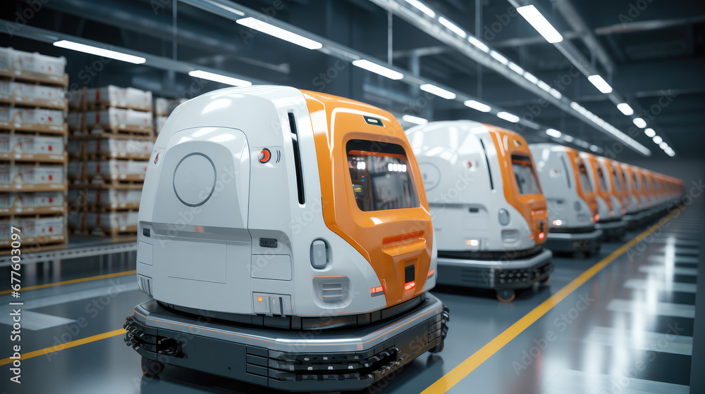 Robotic carriers move goods in a modern warehouse.