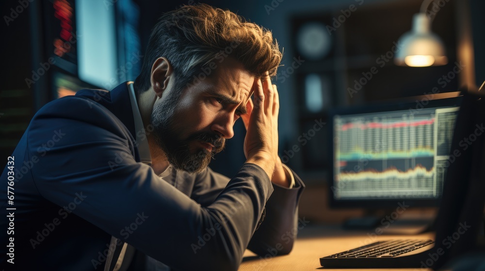 Man looking worried as he watches his single investment plummet on his computer screen, Disappointed because he lost his trade, Very sad. Man looking worried as he watches his single investment plummet on his computer screen, Disappointed because he lost his trade, Very sad.
