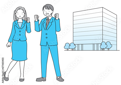 スーツを着た元気な若い男女と社屋