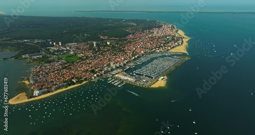 Aerial View of boats moored at Arcachon port - Yacht club and Arcachon bay In France