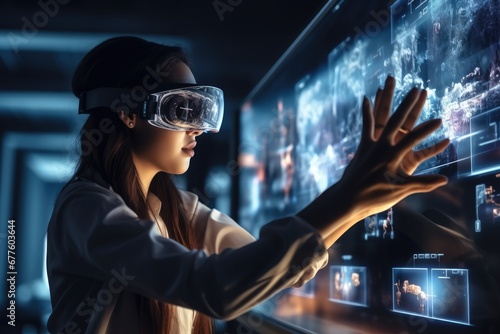Virtual reality, woman scientist wearing virtual reality goggles for 3d research, Touching augmented reality holographic media screen with data, Expert and goggles for futuristic development. photo