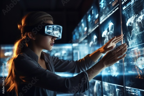Virtual reality, woman scientist wearing virtual reality goggles for 3d research, Touching augmented reality holographic media screen with data, Expert and goggles for futuristic development.