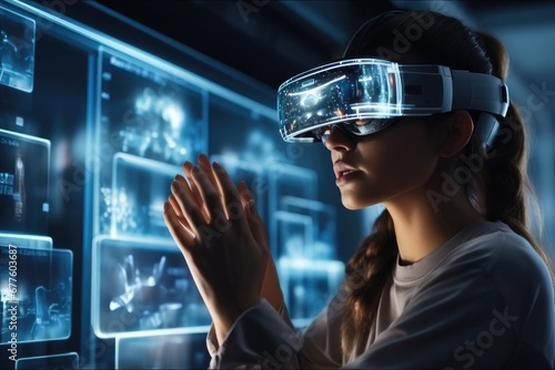 Virtual reality, woman scientist wearing virtual reality goggles for 3d research, Touching augmented reality holographic media screen with data, Expert and goggles for futuristic development.