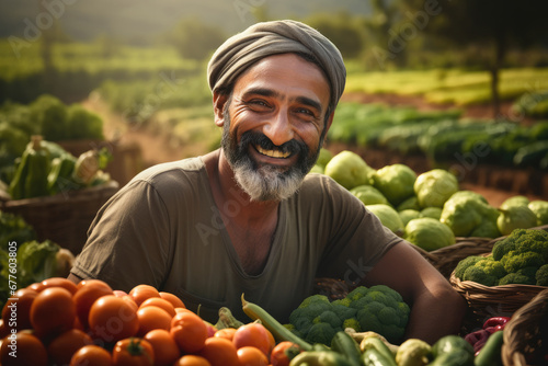 Indian vegetable farm with happy farmer.