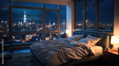 Luxurious room, Cozy bed with city view. © visoot