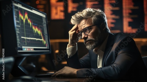 Stressed Young entrepreneur desperate about losing money of crisis, Cry, Red trading chart behind him.