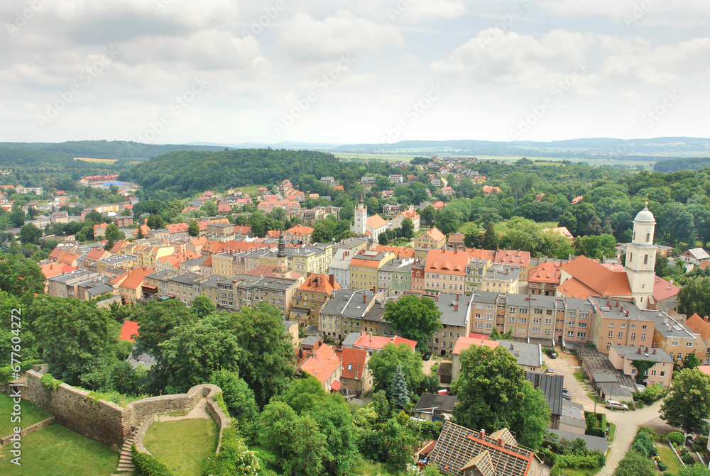 Panorama of the town of Bolków from the castle tower, Poland