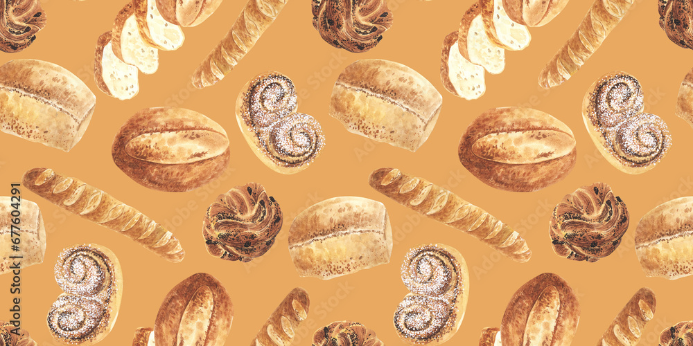 Watercolor Bread and buns, baguette loaf, seamless pattern on orange background. Hand drawn illustration. For textile, fabric. design, paper, wallpaper. Watercolor Bread and buns, baguette loaf, seamless pattern on orange background. Hand drawn illustration. For textile, fabric. design, paper, wallpaper.