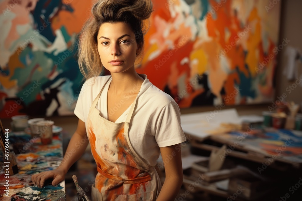 Woman artist in a painting apron in her studio. Woman artist in a painting apron in her studio.