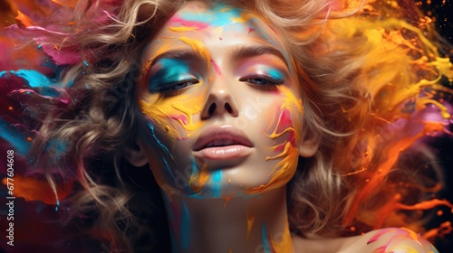 Cosmetics splatter onto the face of the beautiful girl, Colors of the rainbow, Fluorescent colors.