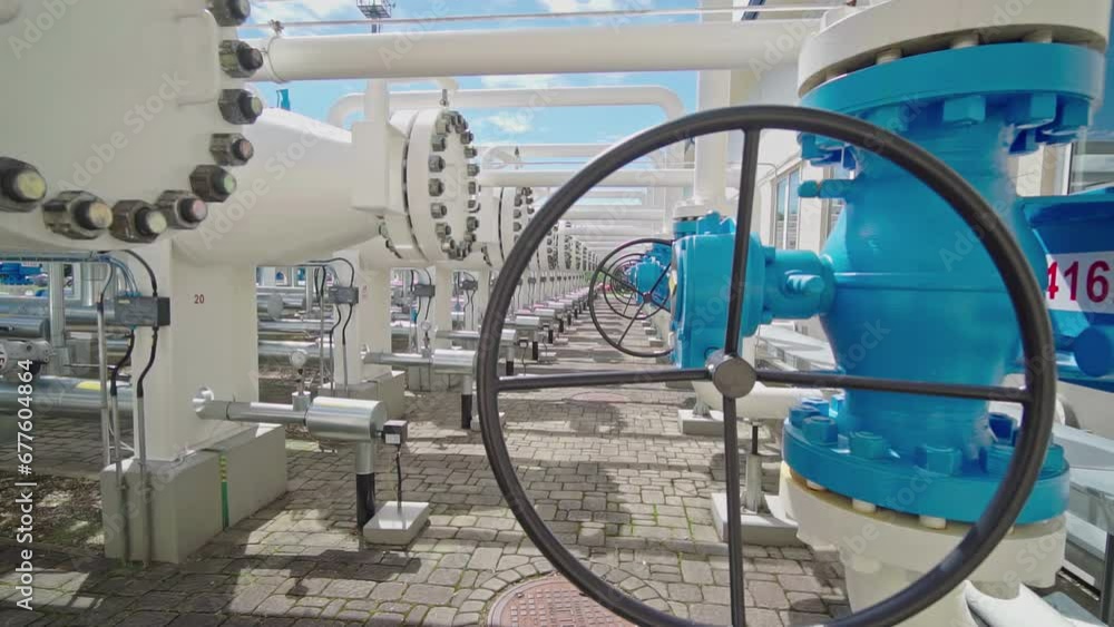 Close-up of a valve wheel at a Natural gas pumping station, sunny day Close-up of a valve wheel at a Natural gas pumping station, sunny day