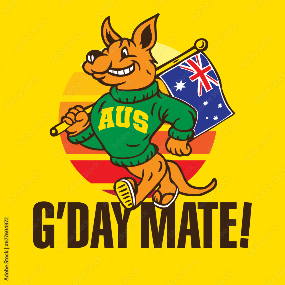 Kangaroo Mascot Character Design Holding Australian Flag in Hand Drawn Style Vector Illustration