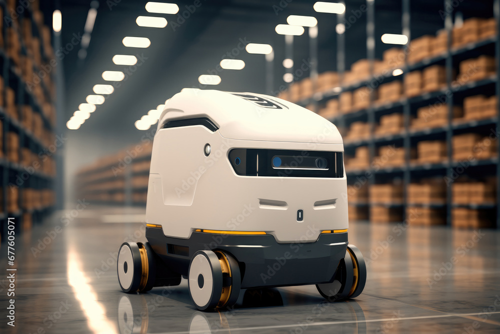 Naklejka premium A sleek, Minimalist mobile robot navigation a warehouse.