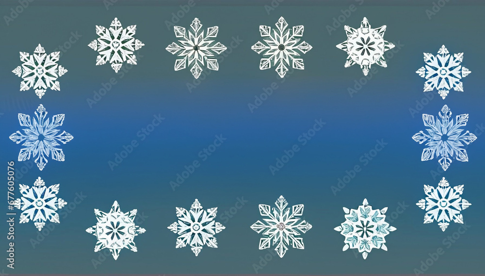 Białe śnieżynki na niebieskim tle. Bożonarodzeniowe tło z miejscem na tekst - obrazy, fototapety, plakaty 