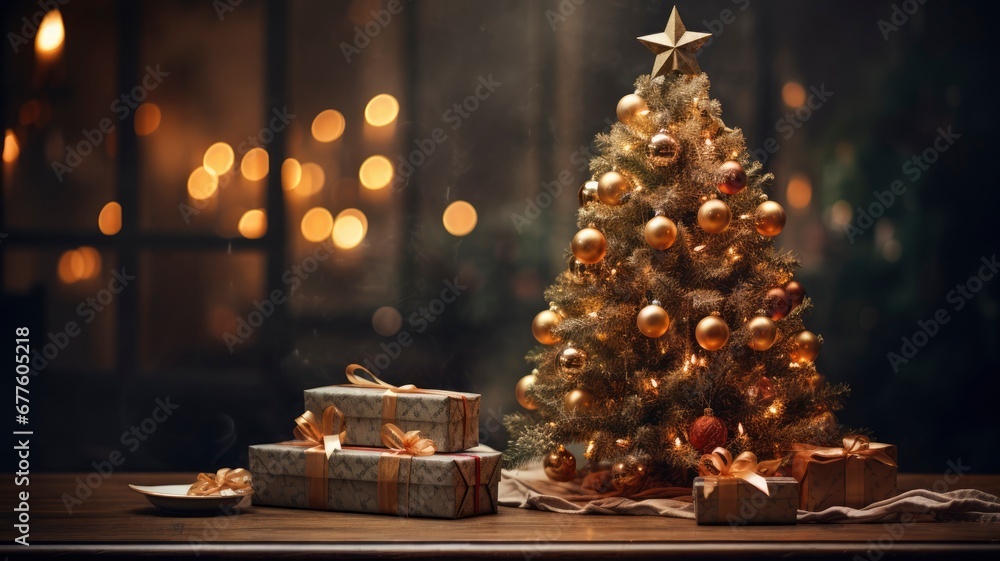 Christmas table with giifts and christmas tree