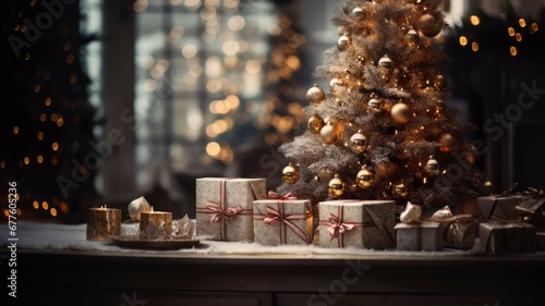 Christmas table with giifts and christmas tree