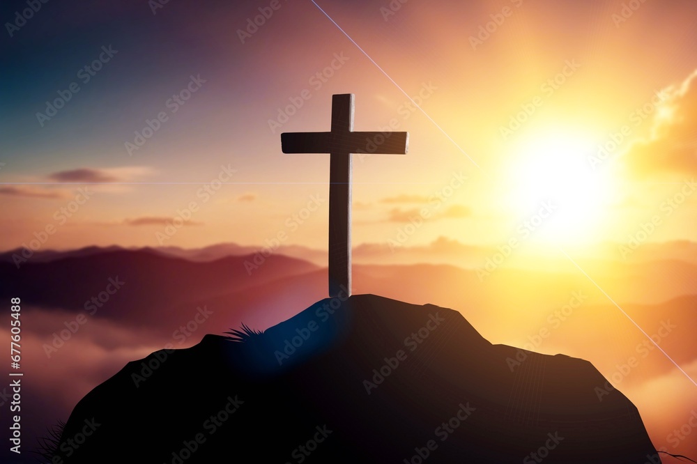 Dark wooden cross above the bright sky Dark wooden cross above the bright sky