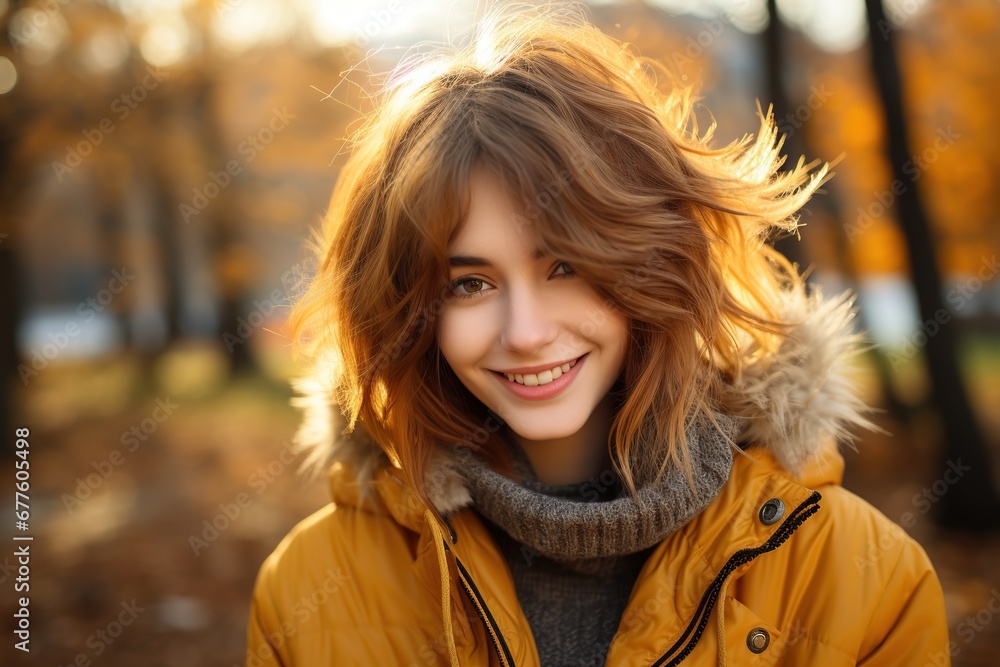 Paseo otoñal. Retrato de mujer. Chica feliz con sudadera amarilla y chaqueta vaquera. temporada de otoño. Paseo otoñal. Retrato de mujer. Chica feliz con sudadera amarilla y chaqueta vaquera. temporada de otoño.