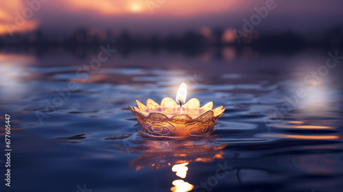 serene diya lamp floating on a tranquil lake at dusk photo