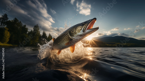 trout leaping at sunset with water splashing in a serene lake photo