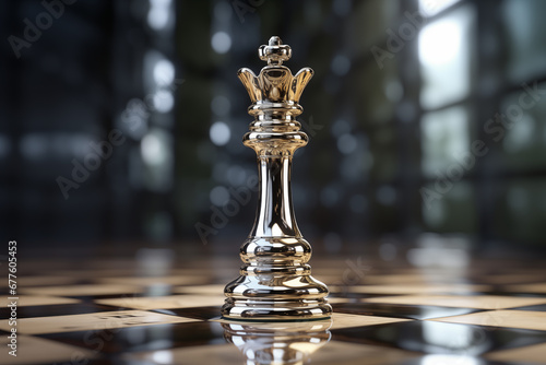 polished silver queen chess piece on a checkered board photo