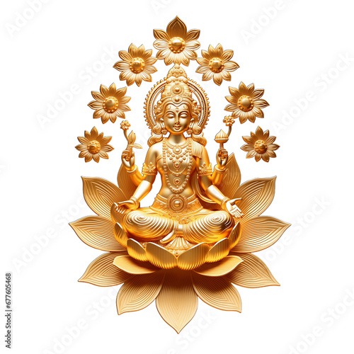 golden statue of Goddess Lakshmi seated on a lotus on isolated background photo