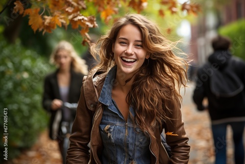 Paseo otoñal. Retrato de mujer. Chica feliz con sudadera amarilla y chaqueta vaquera. temporada de otoño. photo