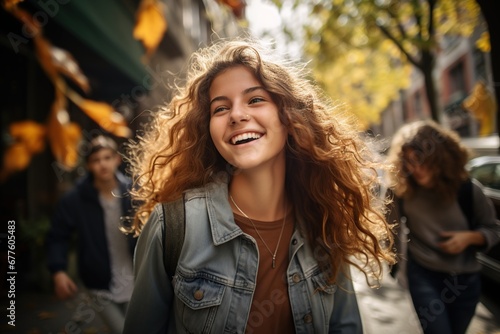 Paseo otoñal. Retrato de mujer. Chica feliz con sudadera amarilla y chaqueta vaquera. temporada de otoño. photo