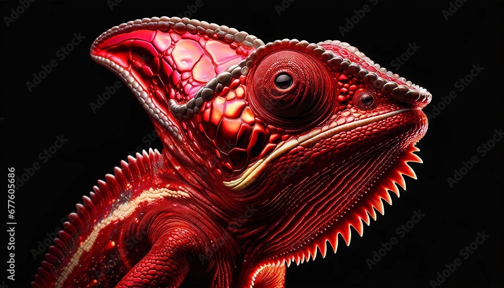 Fototapeta premium Red chameleon on a black background