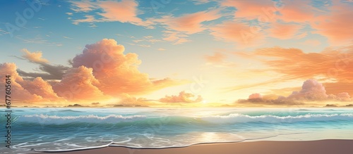 In the summer as we travel to the beach the sky meets the ocean in a stunning display of blue and orange colors creating a breathtaking landscape where the water and sand merge seamlessly a