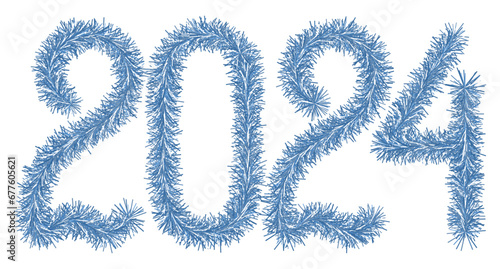 Tinsel. 2024. Lettering from a festive Christmas decoration. Fluffy blue numbers. Vector illustration. Isolated background. Cute plush message. The coming year. Rustling lettering. Idea for web design