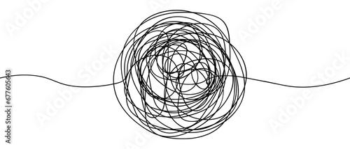 A tangle of tangled scribbles. Sketch. A round object made of twisted threads. Vector illustration. Sphere with wavy lines around the edges. Hand drawn style. Outline on isolated background.