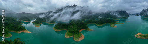 Aerial drone view of island on the lake, tropical Mountain peak , Khao Sok National Park, Thailand © lkunl