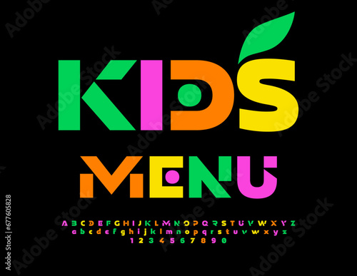 Vector bright template Kids Menu with decorative Leaf. Creative colorful Font. Set of unique Alphabet Letters and Numbers