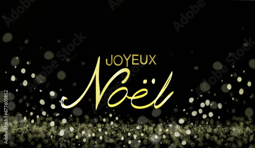 Christmas banner with gold text merry christmas in French with gold shadows on black background.