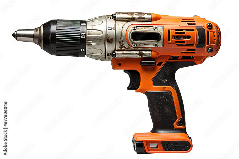 Red cordless drill with black decorative trim, isolated on PNG Background. Generative Ai.