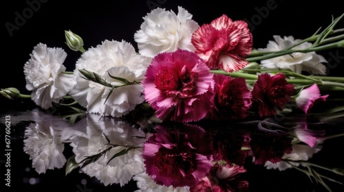 Bouquet of carnations on a black background with reflection. Carnation Flowers. Marigold. Beautiful Marigold Flowers. Mother's Day Concept. Valentine Day Concept with a Copy Space. Springtime.