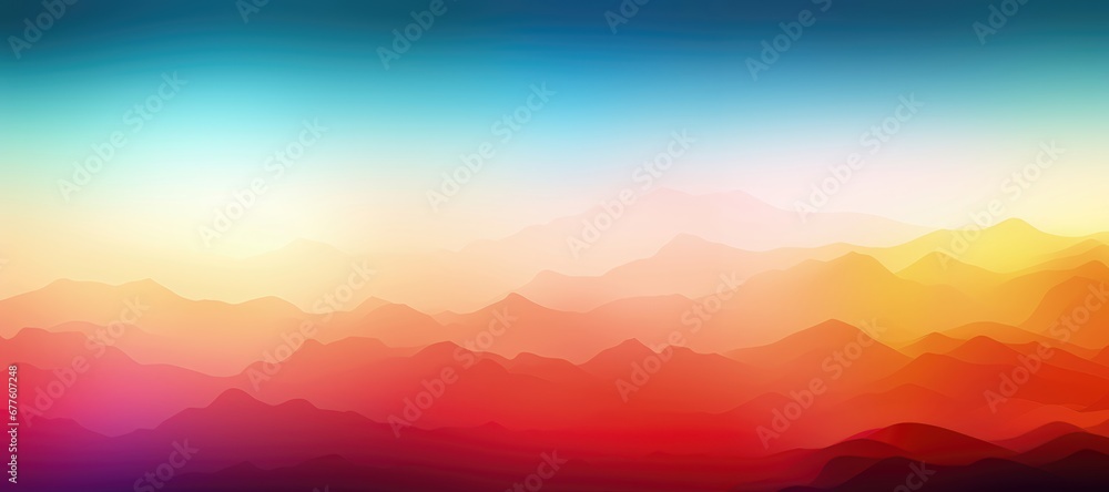 In a wide-format composition, a seamless color gradient envelops misty mountains, creating an abstract background that combines soft gradients with an ethereal atmosphere. Illustration