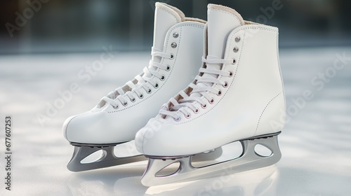 Close up white figure skates on a outdoor ice rink