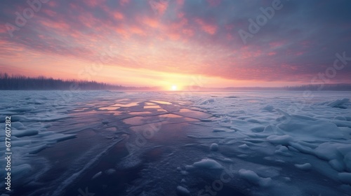 Beautiful landscape view of a frozen lake with ice snow and smoke