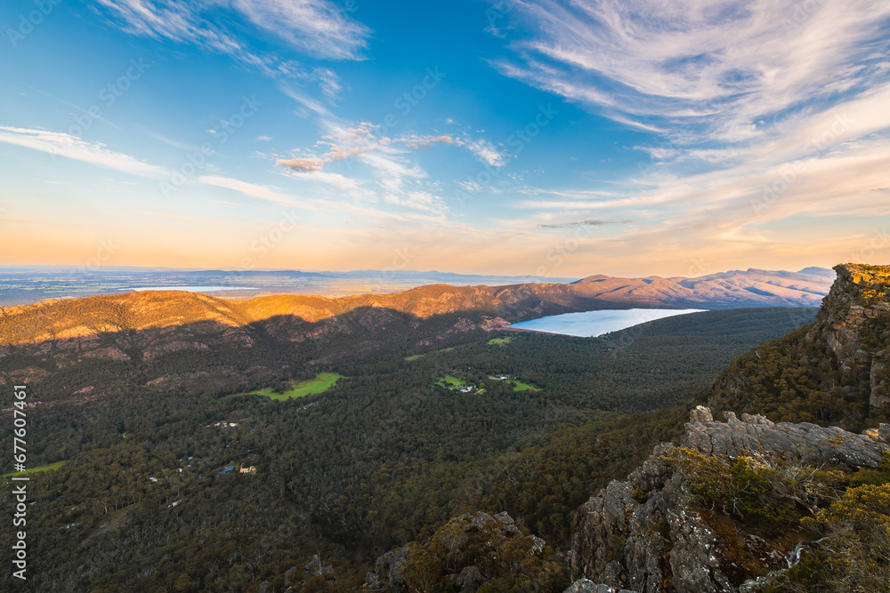 Grampians National Park panorama with Lake Bellfield viewed from the Pinnacle lookout during golden hour at sunset, Halls Gap, Victoria, Australia