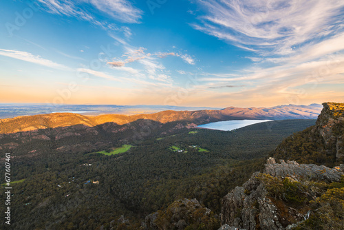Grampians National Park panorama with Lake Bellfield viewed from the Pinnacle lookout during golden hour at sunset, Halls Gap, Victoria, Australia