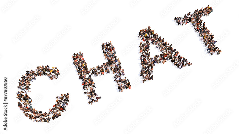 Concept or conceptual large community of people forming the word CHAT. 3d illustration metaphor for social media, online communication, friendship, community, connection and lifestyle Concept or conceptual large community of people forming the word CHAT. 3d illustration metaphor for social media, online communication, friendship, community, connection and lifestyle