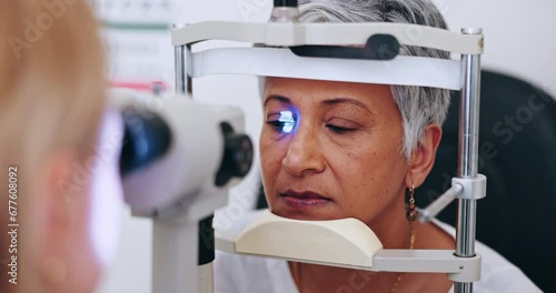Eye care, laser test and woman in office with doctor to check iris, pupil and sight. Machine for vision exam, light and mature patient in clinic for assessment for glasses, lens or glaucoma treatment photo