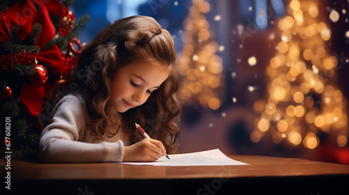 Little girl writing a letter to Santa Claus. Christmas concept representing children's dreams and wishes. Blurred background with Christmas tree.