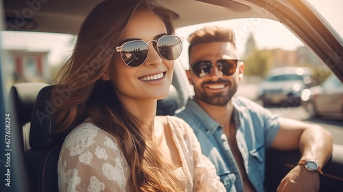 Young happy family driving a car during the vacation trip at sunny day. Smiling beautiful woman and man wearing sunglasses sitting in a car. Car rental, rent-a-car, insurance, driving courses photo
