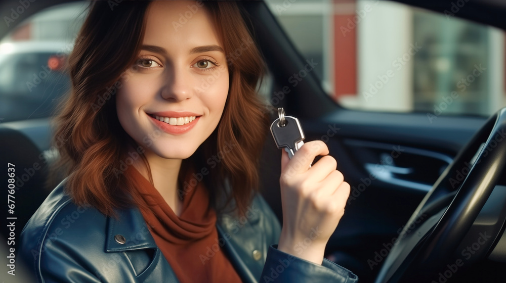 Young beautiful woman holds a car key sitting at steering wheel. Buying a car at Dealership, car rental, ren-a-car, driving courses, driving license, car alarm remote control concept. Young beautiful woman holds a car key sitting at steering wheel. Buying a car at Dealership, car rental, ren-a-car, driving courses, driving license, car alarm remote control concept.