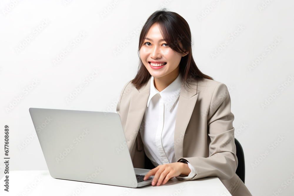 Attractive Asian business woman working on laptop while sitting at desk. Happy Chinese woman isolated on light grey background Attractive Asian business woman working on laptop while sitting at desk. Happy Chinese woman isolated on light grey background
