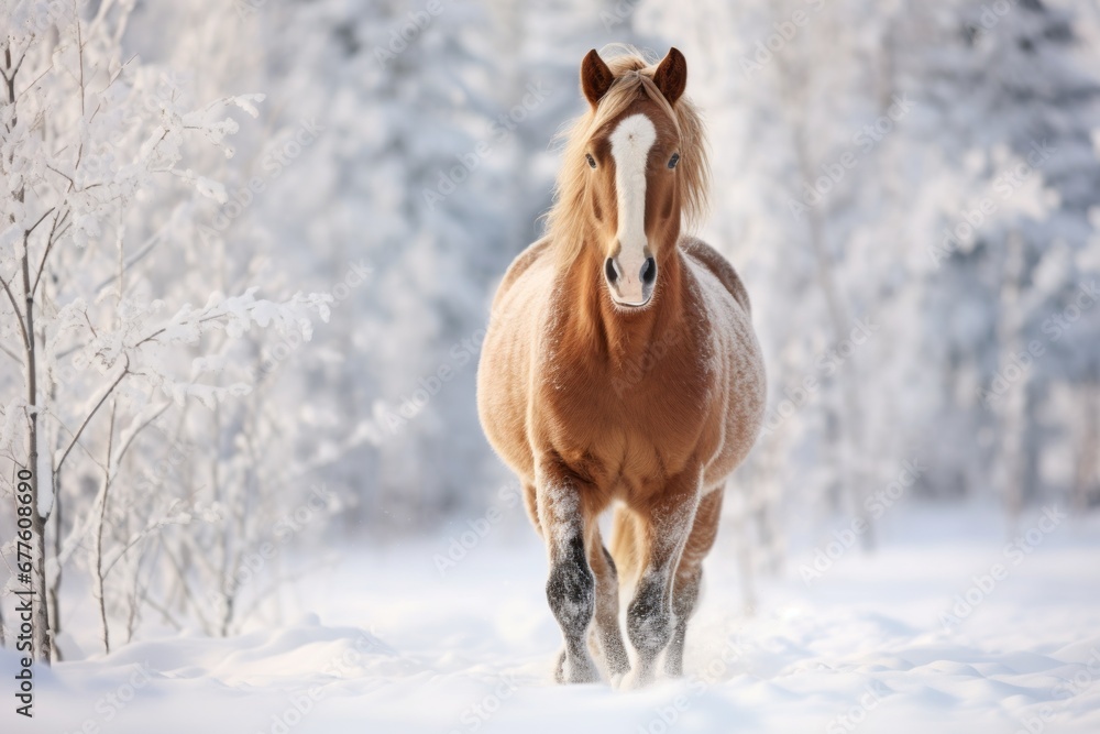 Horse in the snow. A powerful horse standing in a snow-covered forest Horse in the snow. A powerful horse standing in a snow-covered forest