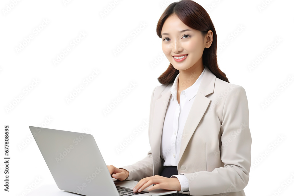 Asian business woman sitting at desk and working on laptop isolated on white background. Happy Chinese woman working on computer, wearing formal wear and looking at camera over white background. Asian business woman sitting at desk and working on laptop isolated on white background. Happy Chinese woman working on computer, wearing formal wear and looking at camera over white background.